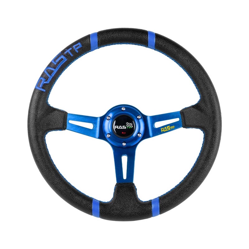 RASTP Universal Racing Steering Wheel,Deep Dish Steering Wheel Leather Embroidery 13.58â€/345mm 6 Bolts with Horn Button Include Cable, Wrench,Blue - Image 1